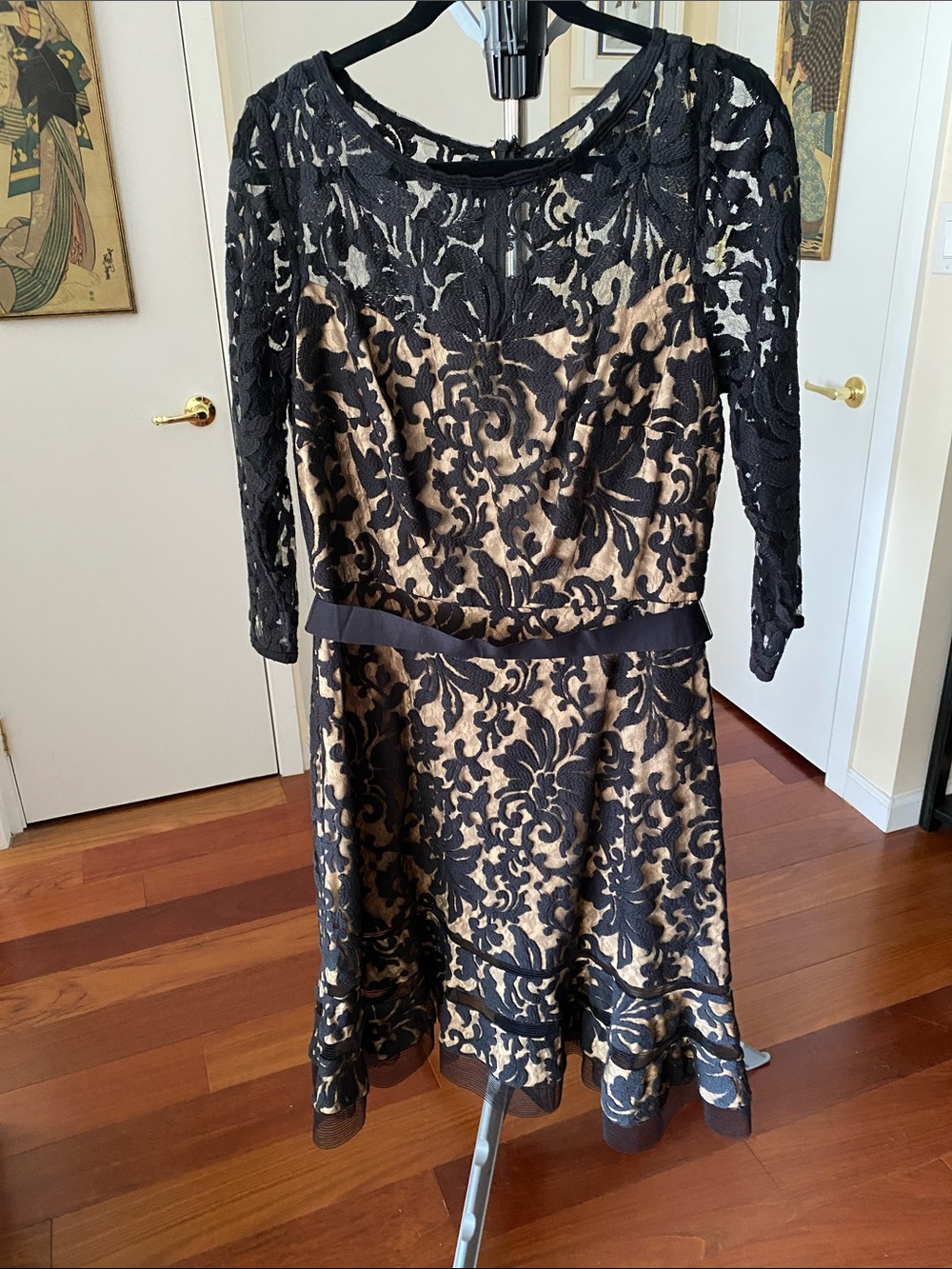 Tadashi Shoji Black Lace Overlay with Nude Underlay Cocktail Dress